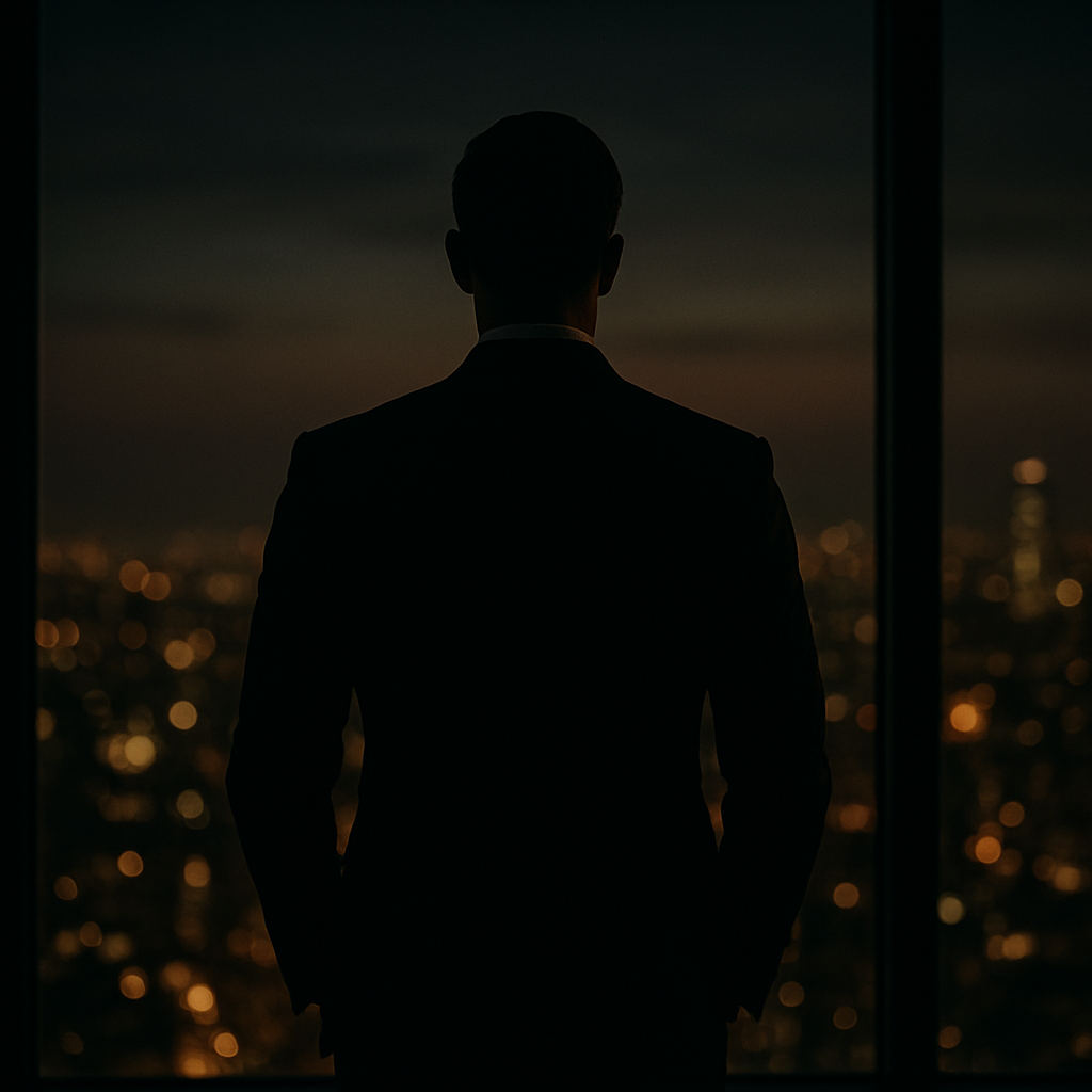 Executive looking out over a city skyline at dusk